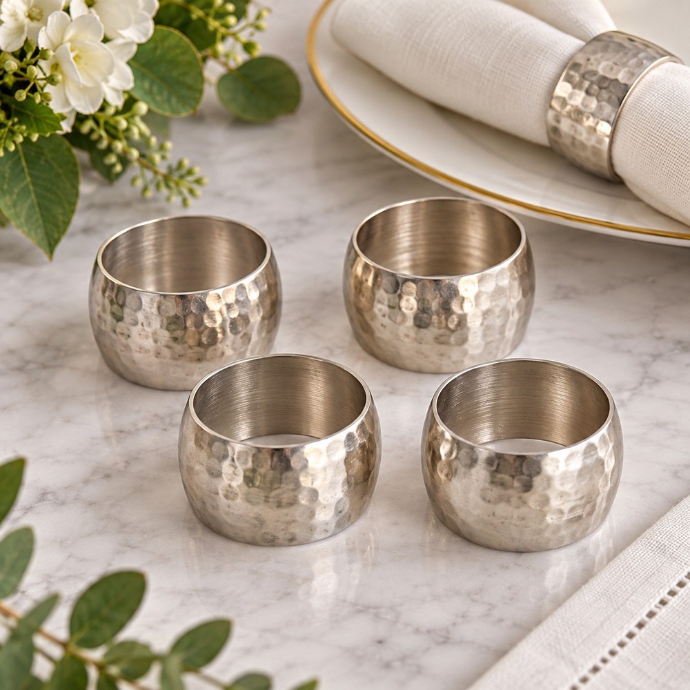 Napkin Rings Set of 4 Silver Hammered Stainless Steel Modern Classic Neutral